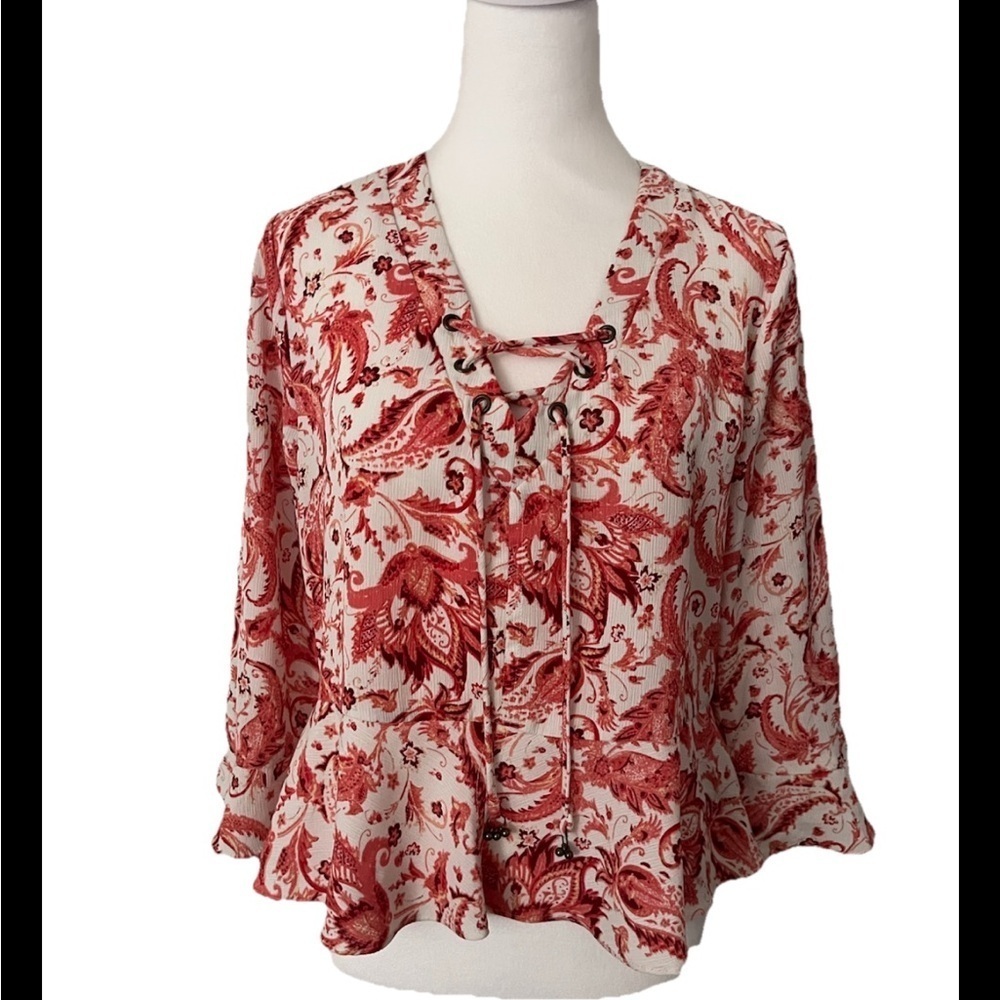 FRYE Western Boho Ruffle Sleeve Lace Up Top Medium